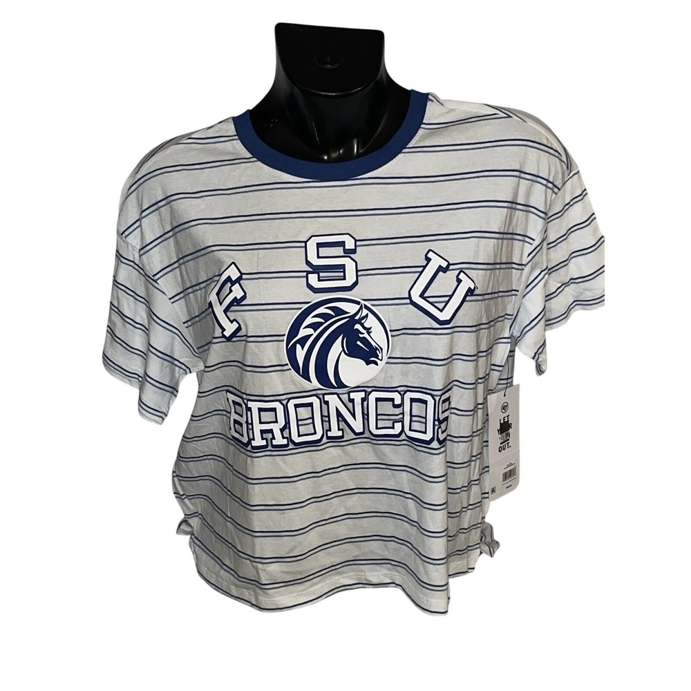 FSU Broncos Striped Graphic T-Shirt Short Sleeve Collegiate Top Womens M NWT